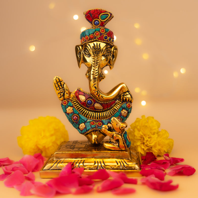 Handmade Brass Lord Ganesha Idol - With Stone Inlay Work & Royal Finish