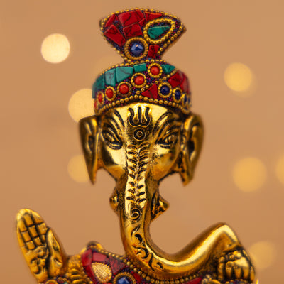 Handmade Brass Lord Ganesha Idol - With Stone Inlay Work & Royal Finish