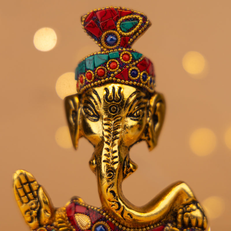 Handmade Brass Lord Ganesha Idol - With Stone Inlay Work & Royal Finish