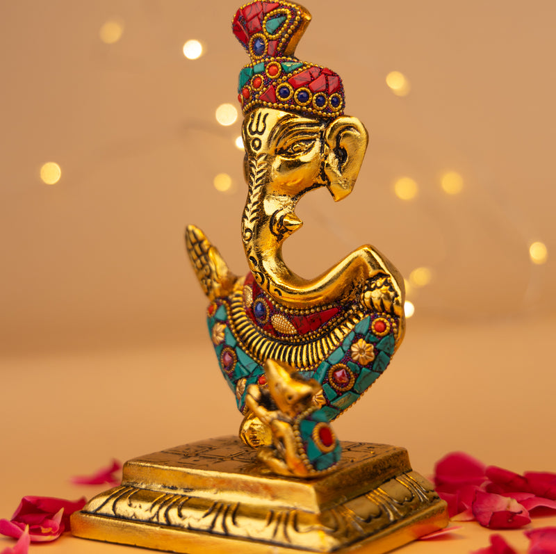 Handmade Brass Lord Ganesha Idol - With Stone Inlay Work & Royal Finish