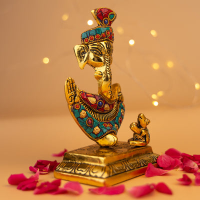 Handmade Brass Lord Ganesha Idol - With Stone Inlay Work & Royal Finish