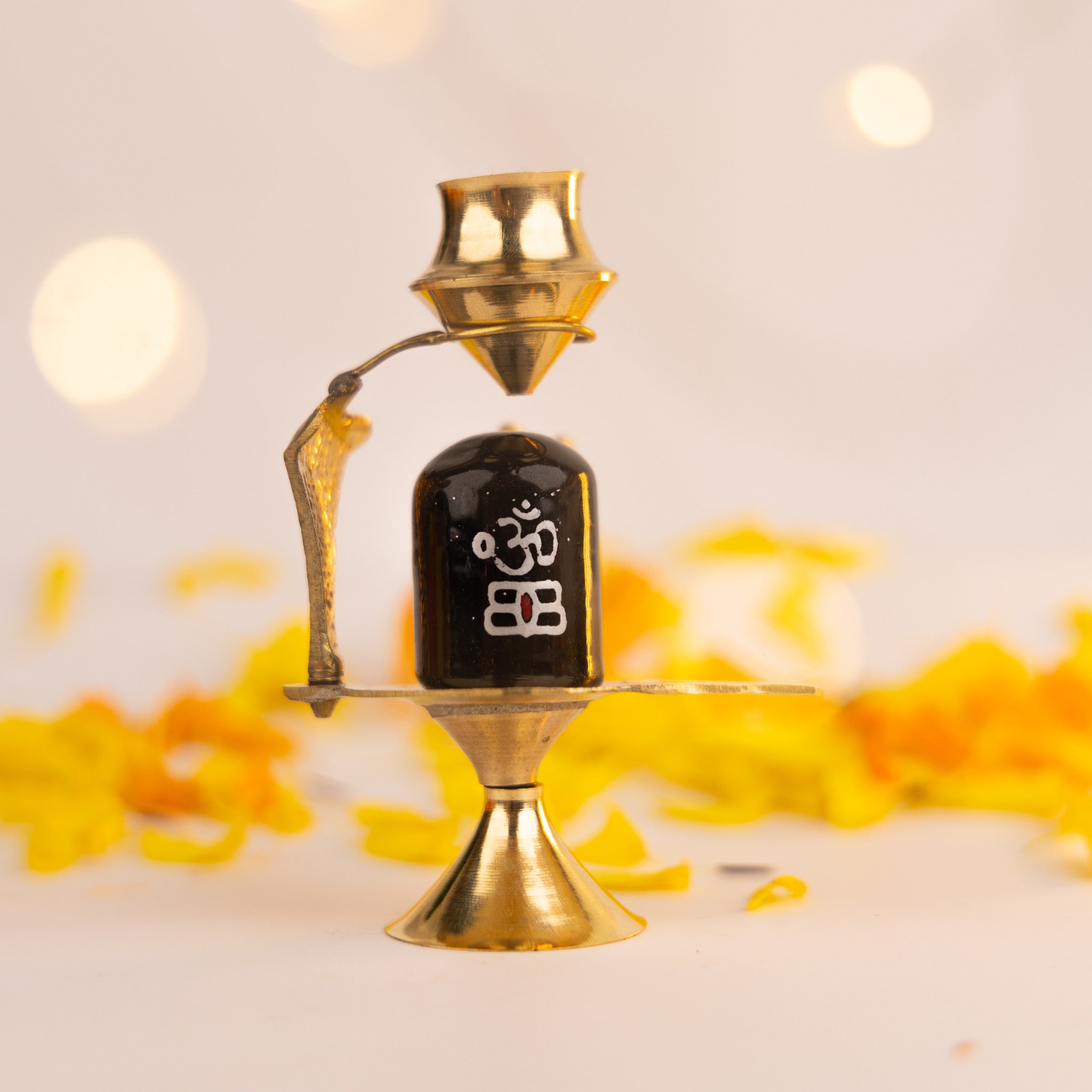 Brass Shivling with Water Dripping Pot - Gold Coated Abhishek Set