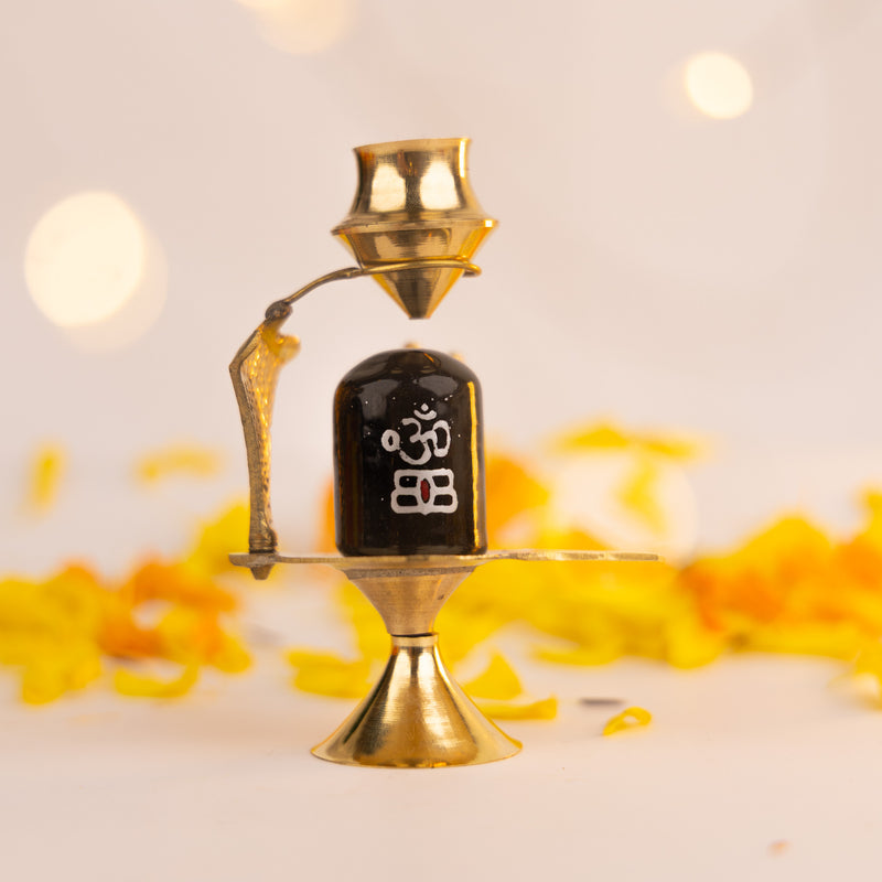 Brass Shivling with Water Dripping Pot - Gold Coated Abhishek Set