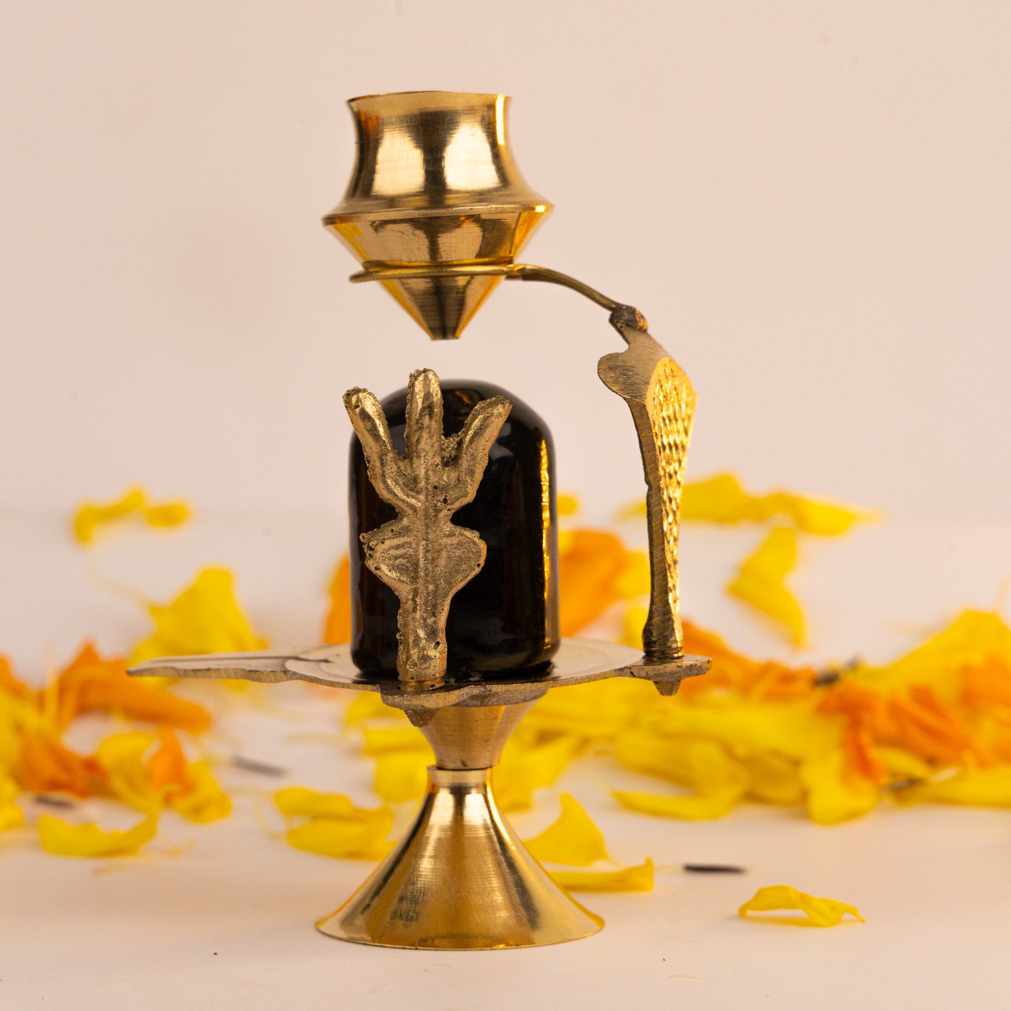 Brass Shivling with Water Dripping Pot - Gold Coated Abhishek Set