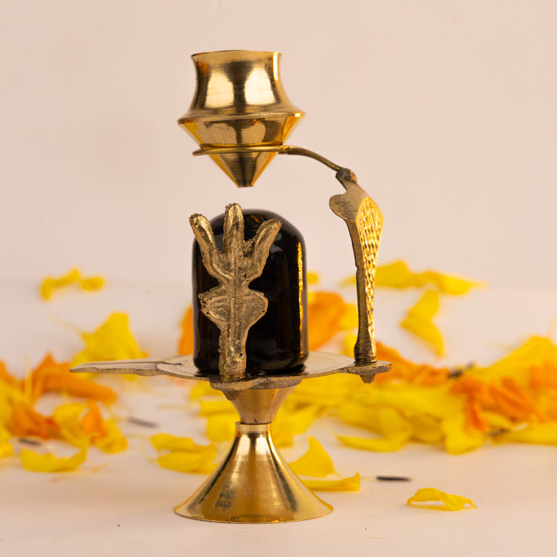 Brass Shivling with Water Dripping Pot - Gold Coated Abhishek Set