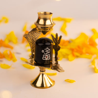Brass Shivling with Water Dripping Pot - Gold Coated Abhishek Set
