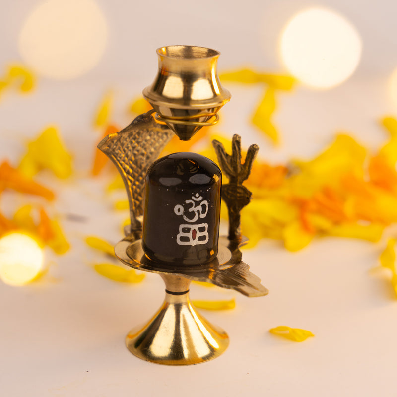Brass Shivling with Water Dripping Pot - Gold Coated Abhishek Set