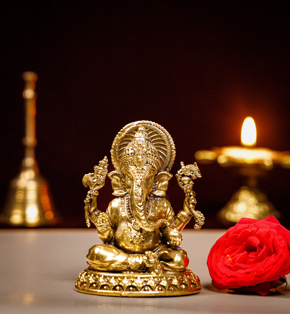 Pure Brass Sitting Lord Ganesha Idol with Halo | Auspicious Vighnaharta Murti for Home, Office & Gifting