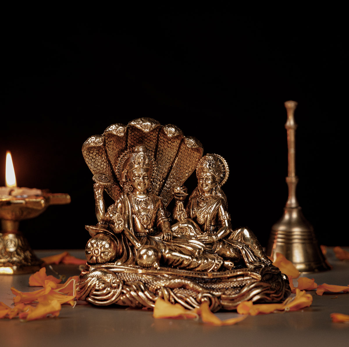 Pure Brass Vishnu Lakshmi Idol on Sheshnag | Lord Vishnu & Goddess Lakshmi Murti for Puja, Home Temple & Prosperity