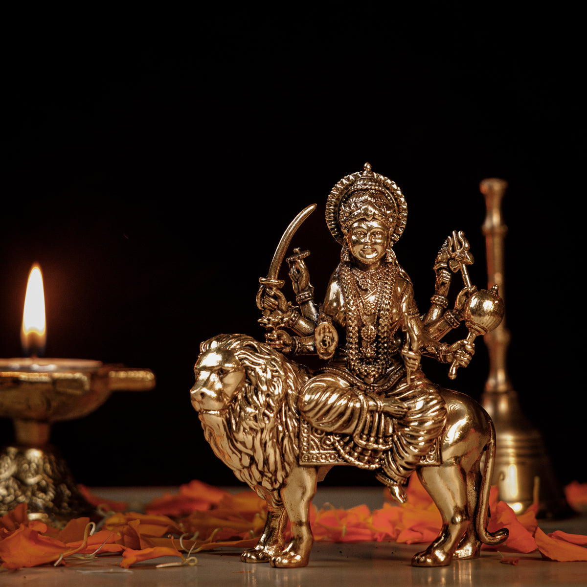 Pure Brass Goddess Durga Idol on Lion  | Maa Durga Sherawali Murti for Puja, Protection & Divine Strength