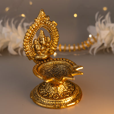 Antique Finish Lord Ganesha Brass Diya – Ideal for Pooja & Home Décor