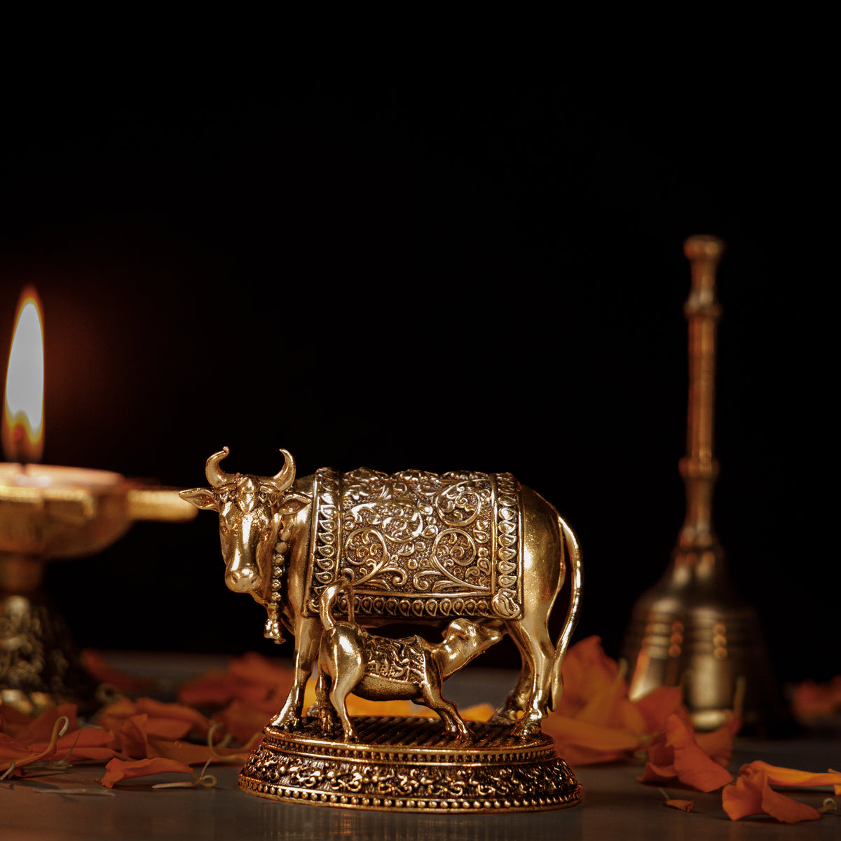 Pure Brass Kamdhenu Cow with Calf Idol | Sacred Gau Mata Murti for Prosperity, Peace & Vastu Blessings