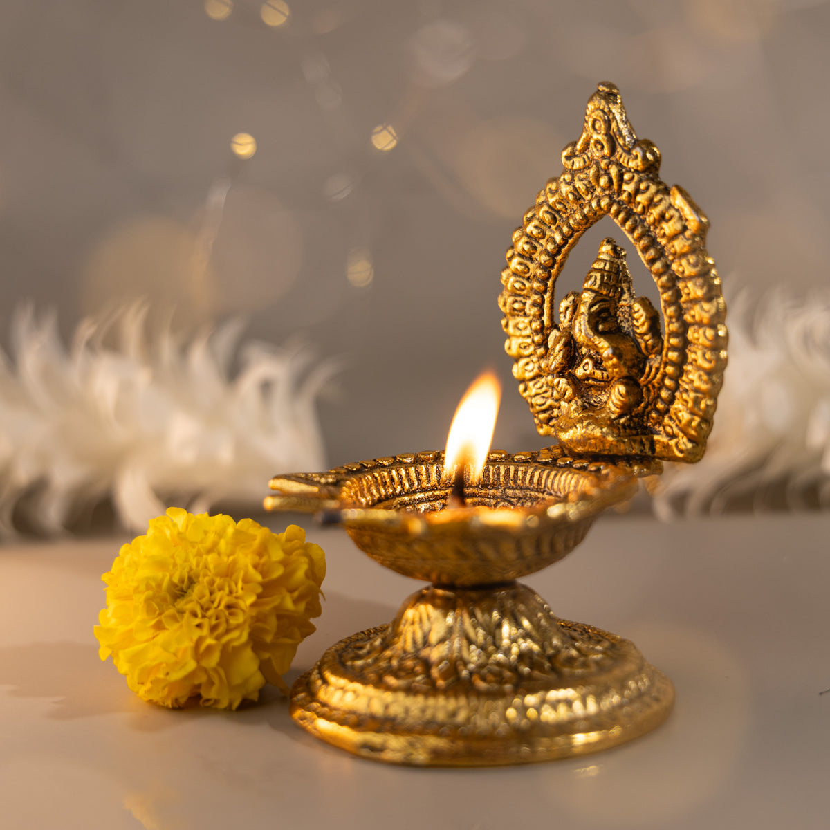 Antique Finish Lord Ganesha Brass Diya – Ideal for Pooja & Home Décor