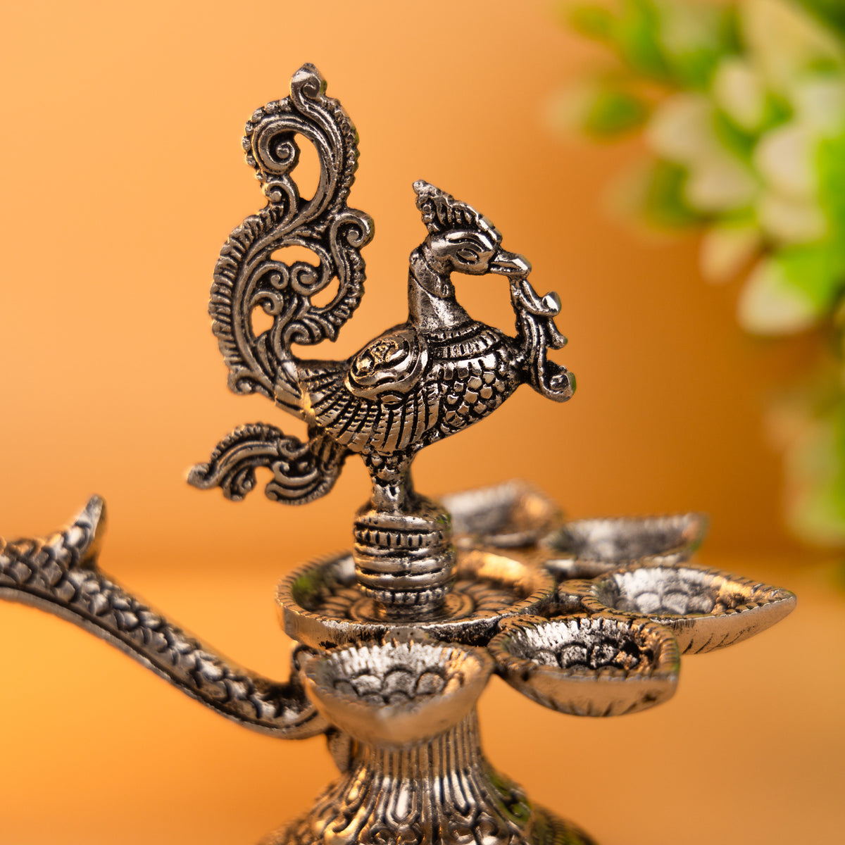 Brass Peacock Diya - Antique Finish, 5 Wick Holders