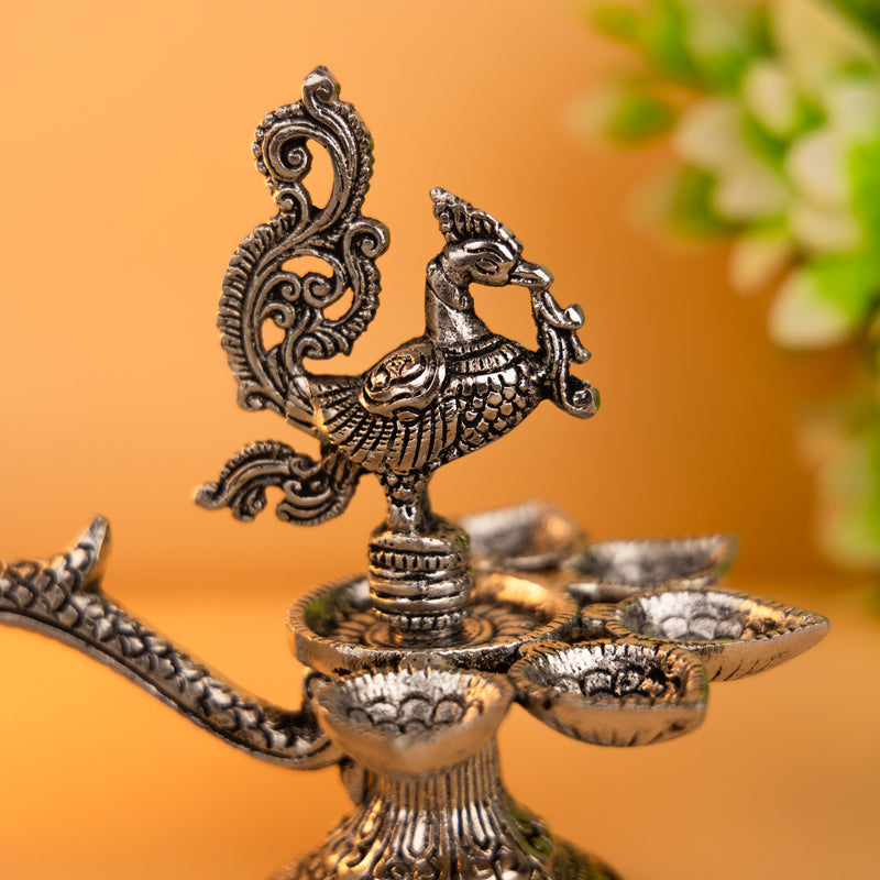 Brass Peacock Diya - Antique Finish, 5 Wick Holders