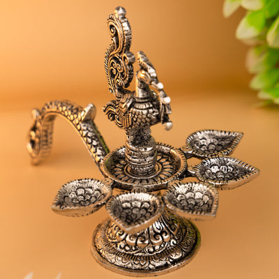 Brass Peacock Diya - Antique Finish, 5 Wick Holders