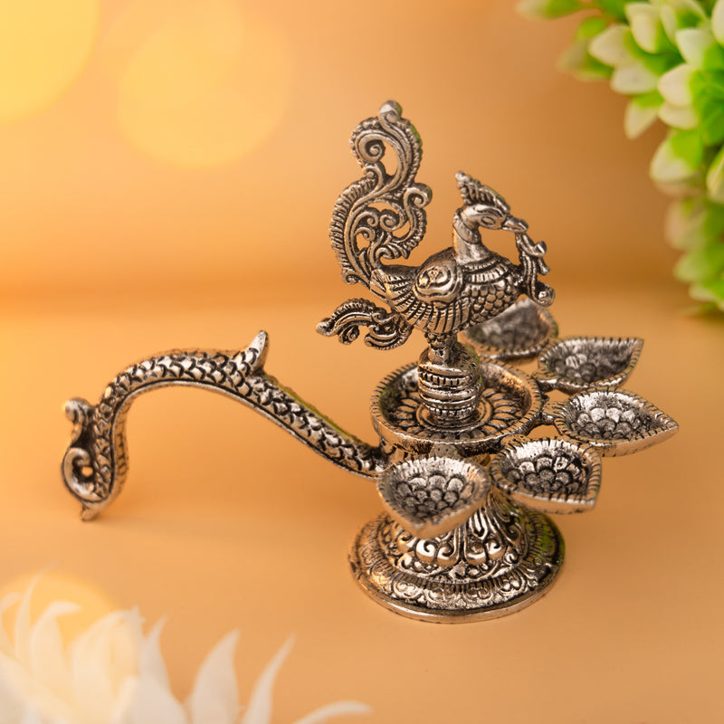 Brass Peacock Diya - Antique Finish, 5 Wick Holders