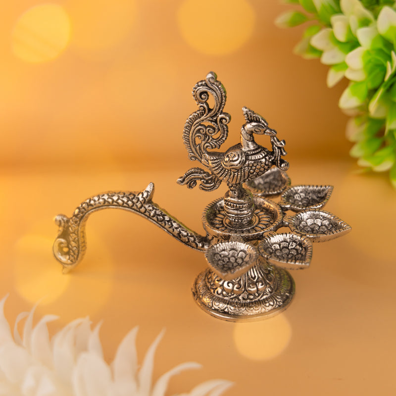 Brass Peacock Diya - Antique Finish, 5 Wick Holders