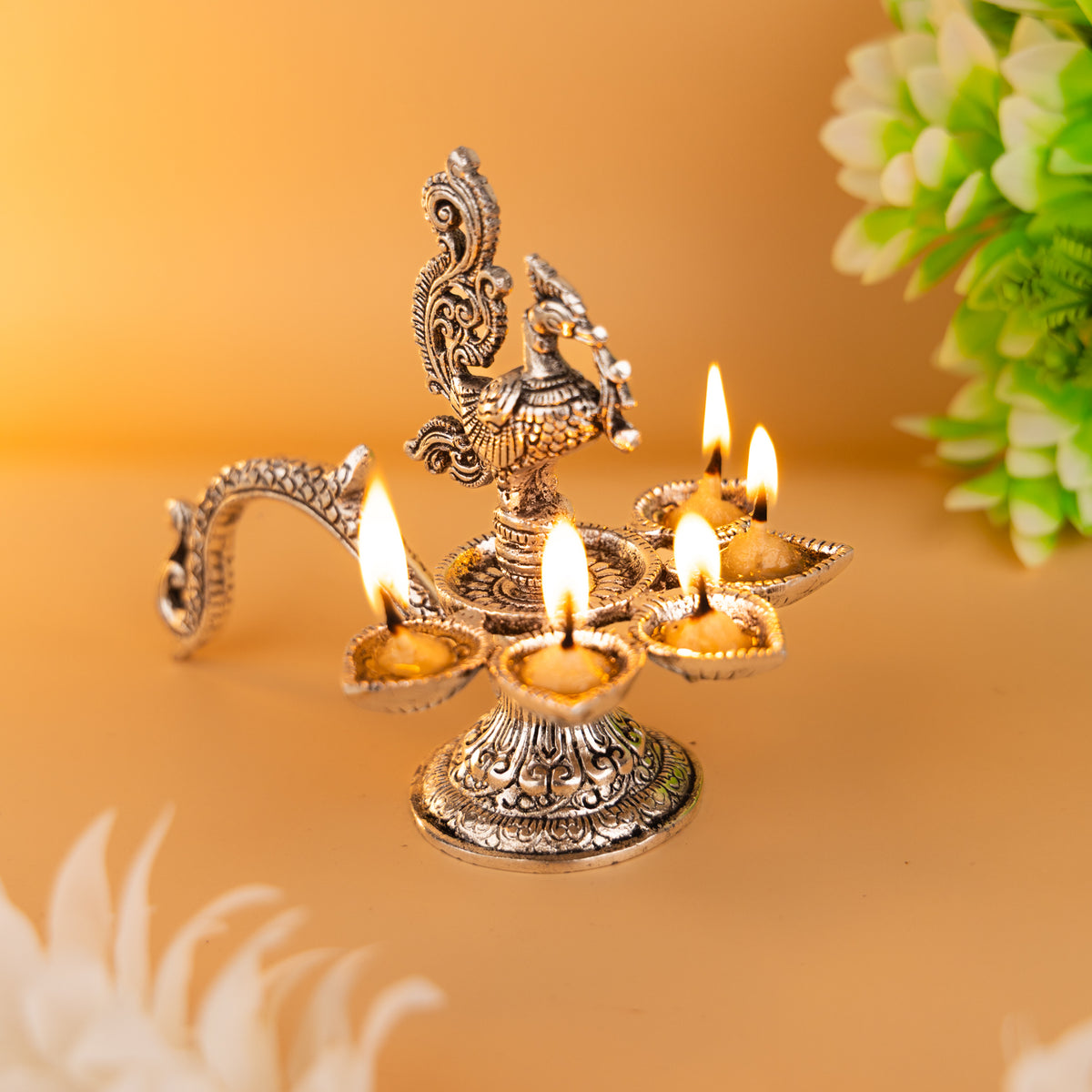 Brass Peacock Diya - Antique Finish, 5 Wick Holders