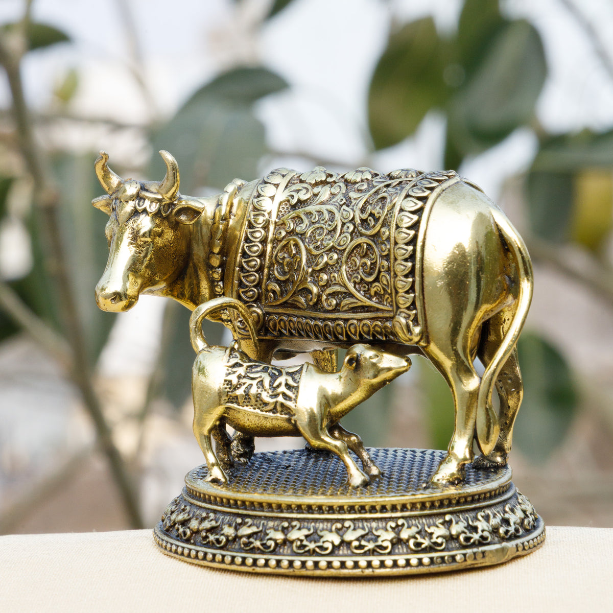 Pure Brass Kamdhenu Cow with Calf Idol | Sacred Gau Mata Murti for Prosperity, Peace & Vastu Blessings