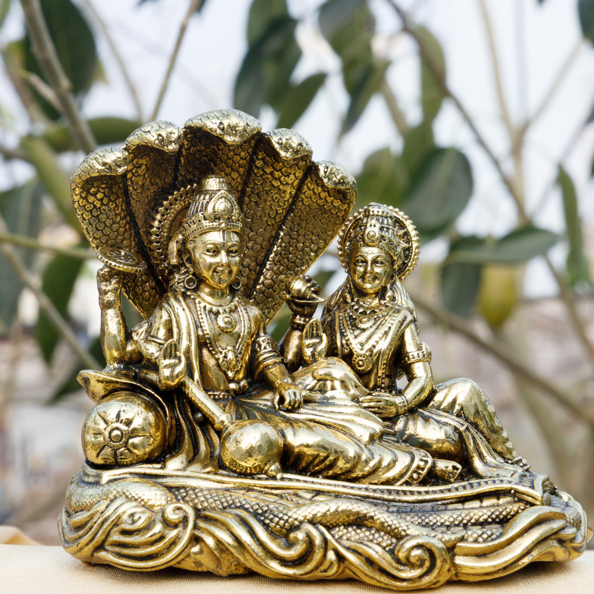 Pure Brass Vishnu Lakshmi Idol on Sheshnag | Lord Vishnu & Goddess Lakshmi Murti for Puja, Home Temple & Prosperity