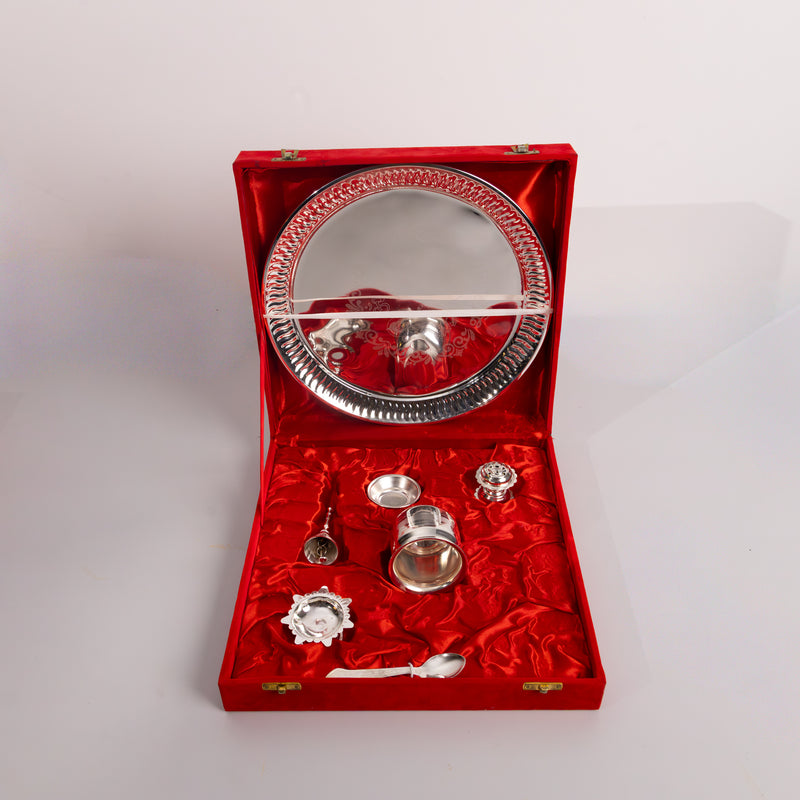 Divine Leaf Premium Pooja Thali Set – Gold & Silver Edition (7-Piece)