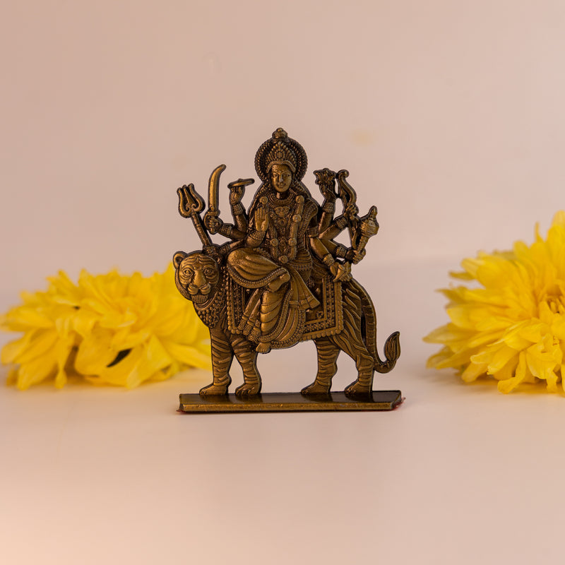 German Silver Maa Durga Idol – Sherawali Mata Murti for Home Temple & Car Dashboard