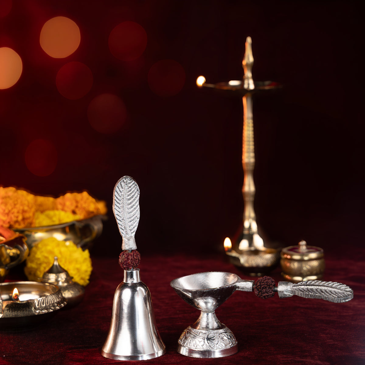 Pooja Bell with Rudraksha & Diya Set