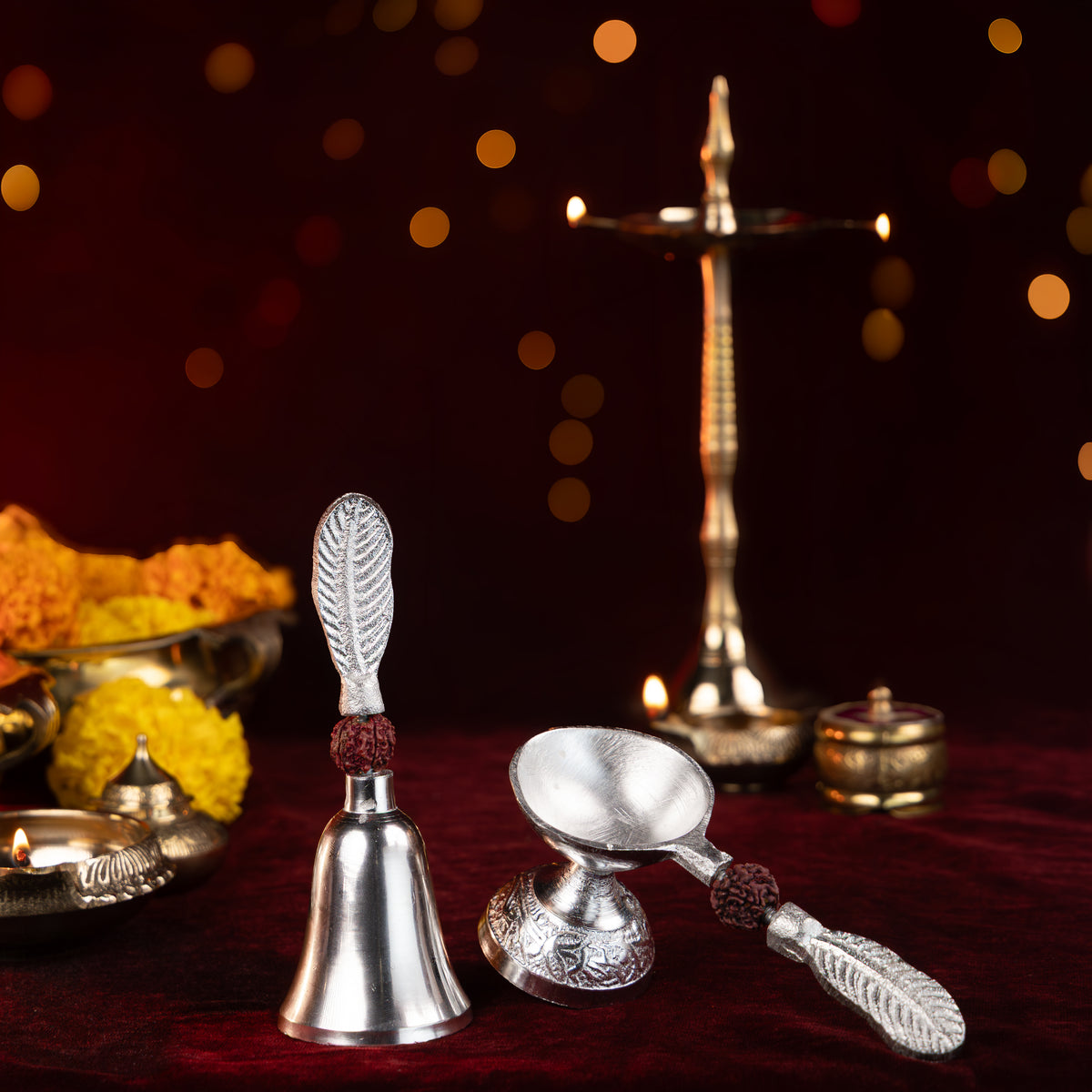 Pooja Bell with Rudraksha & Diya Set