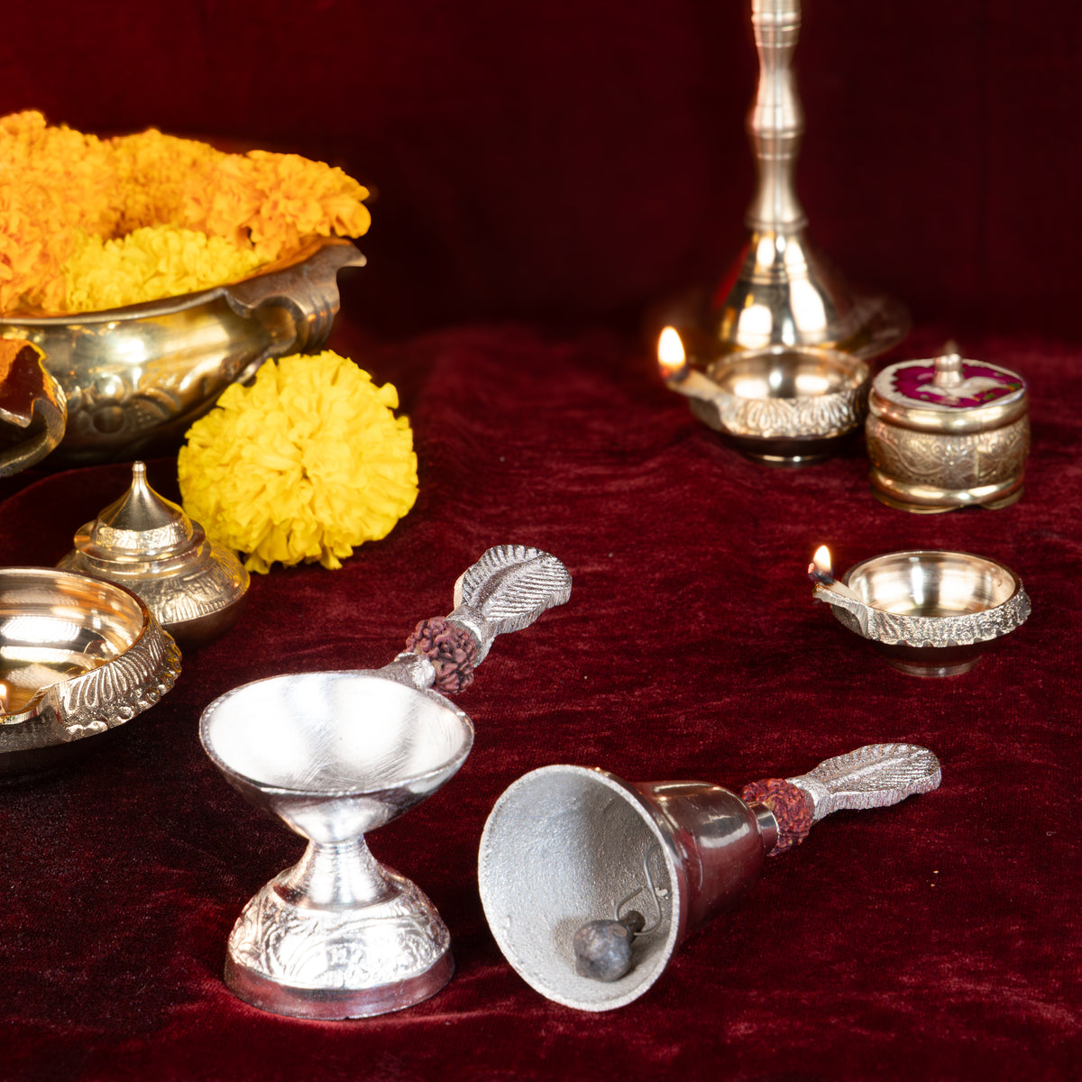 Pooja Bell with Rudraksha & Diya Set