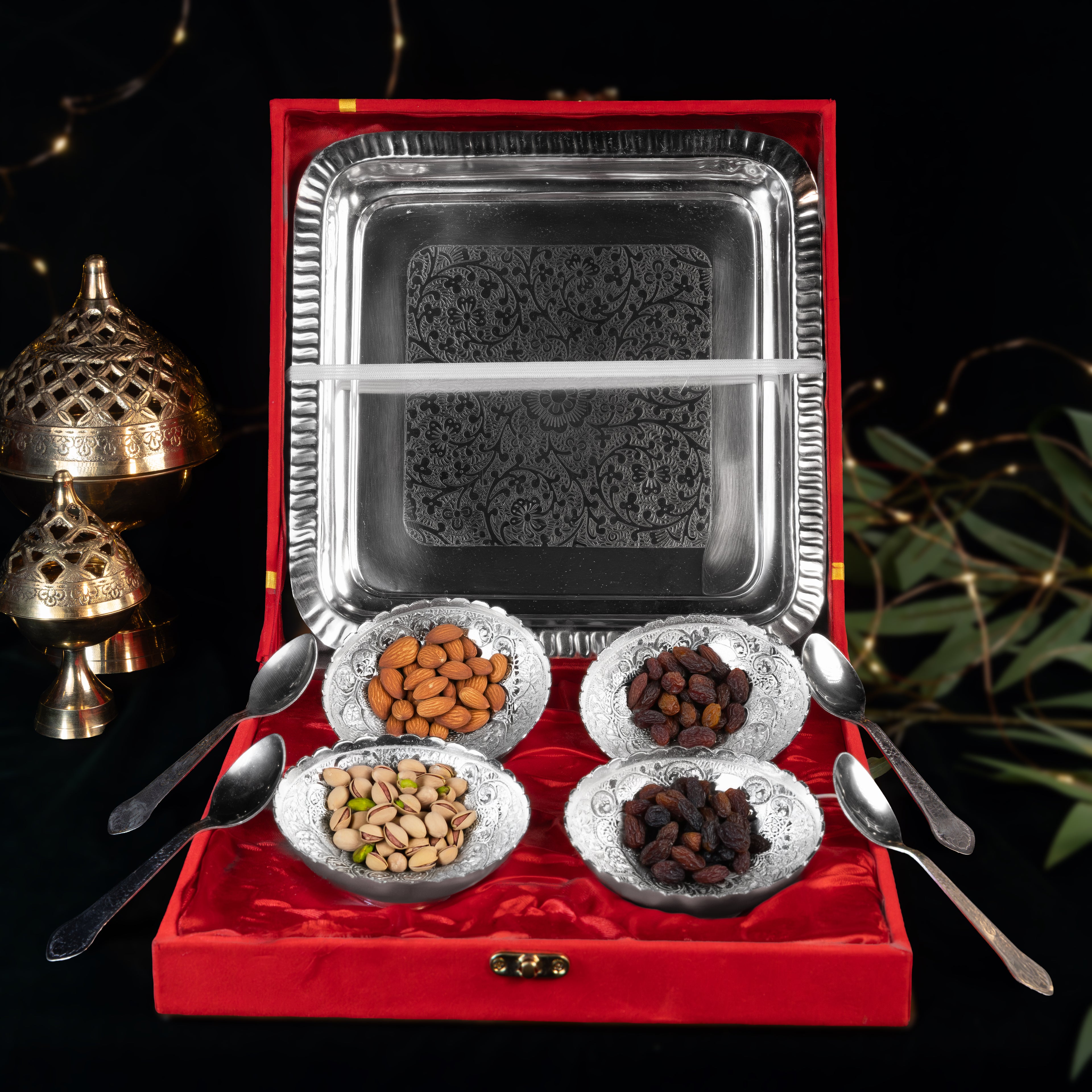 4 Bowl Dry Fruit Tray Set with Spoons