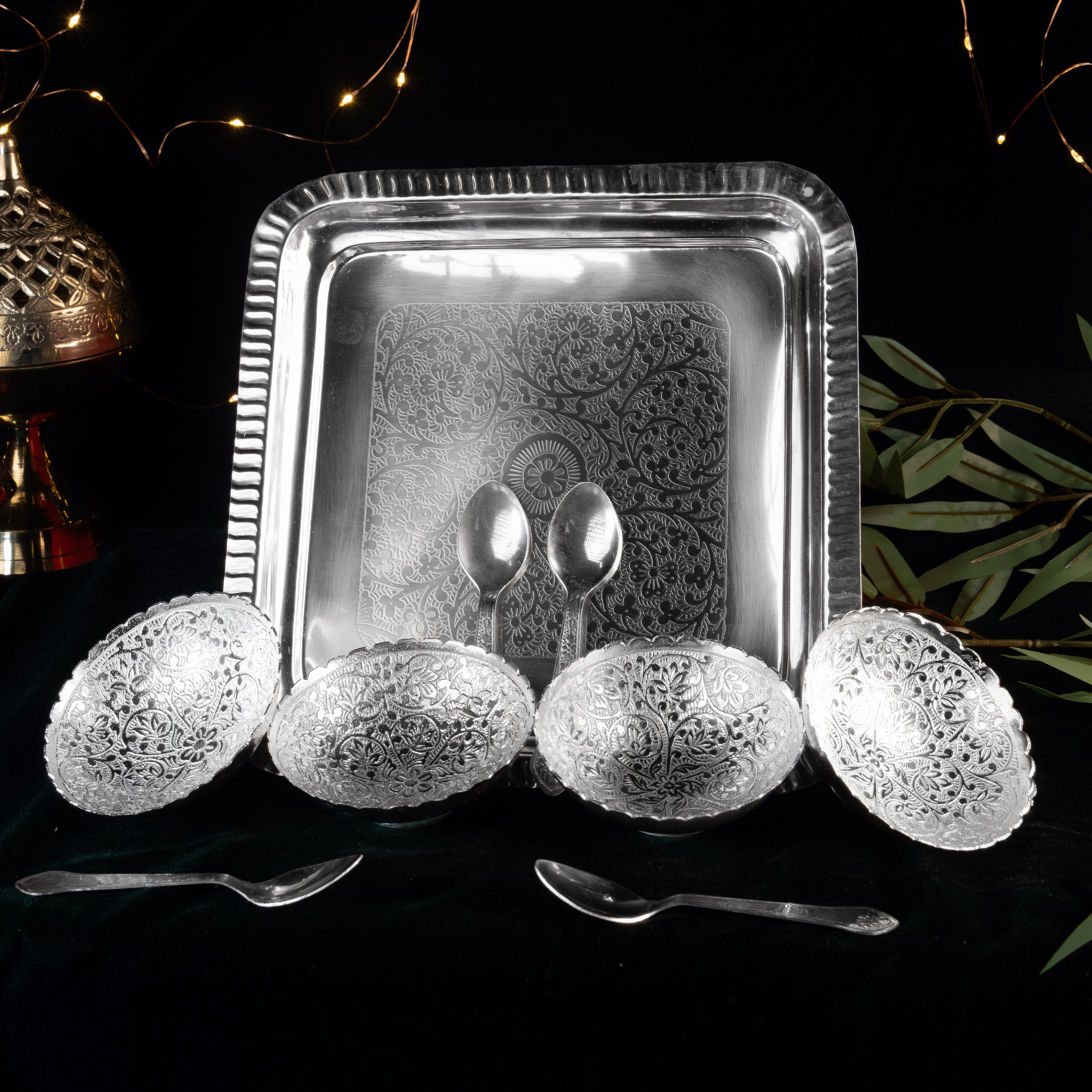 4 Bowl Dry Fruit Tray Set with Spoons
