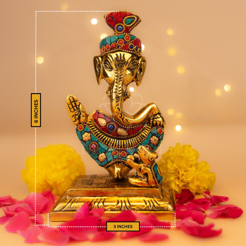 Handmade Brass Lord Ganesha Idol - With Stone Inlay Work & Royal Finish