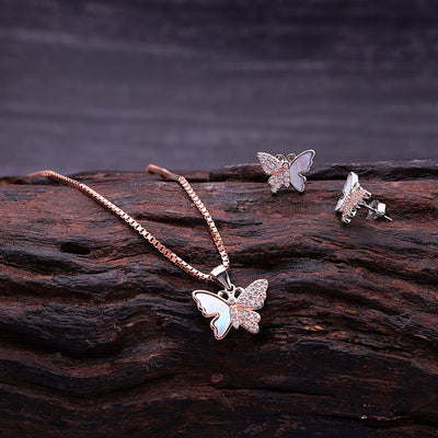 Silver Rosegold Sparkling Butterfly Set With Chain