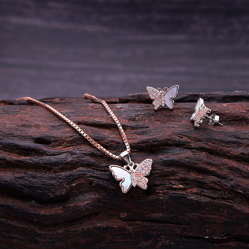 Silver Rosegold Sparkling Butterfly Set With Chain