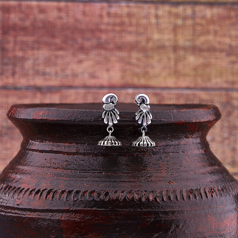 Silver Oxidised Peacock Feather Dome Jhumki