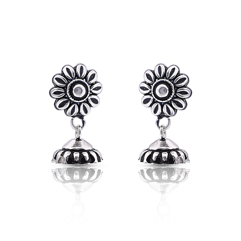 Silver Oxidised Handmade Sunflower Dome Jhumki