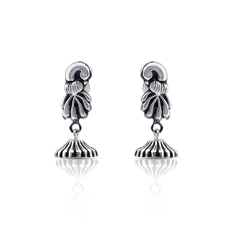 Silver Oxidised Peacock Feather Dome Jhumki