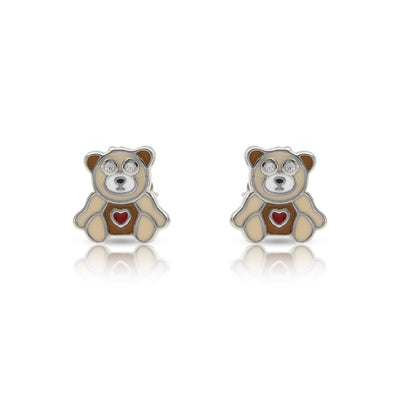 Silver Brown Teddy Bear Stud Earrings For Kids and Girls