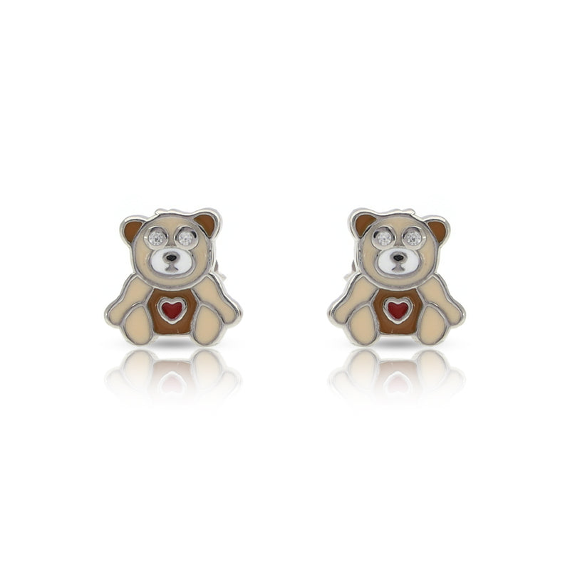 Silver Brown Teddy Bear Stud Earrings For Kids and Girls