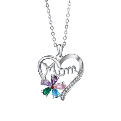 Personalized Mom Heart Pendent Necklace Customize 5 Birthstones Flower Necklaces for Women