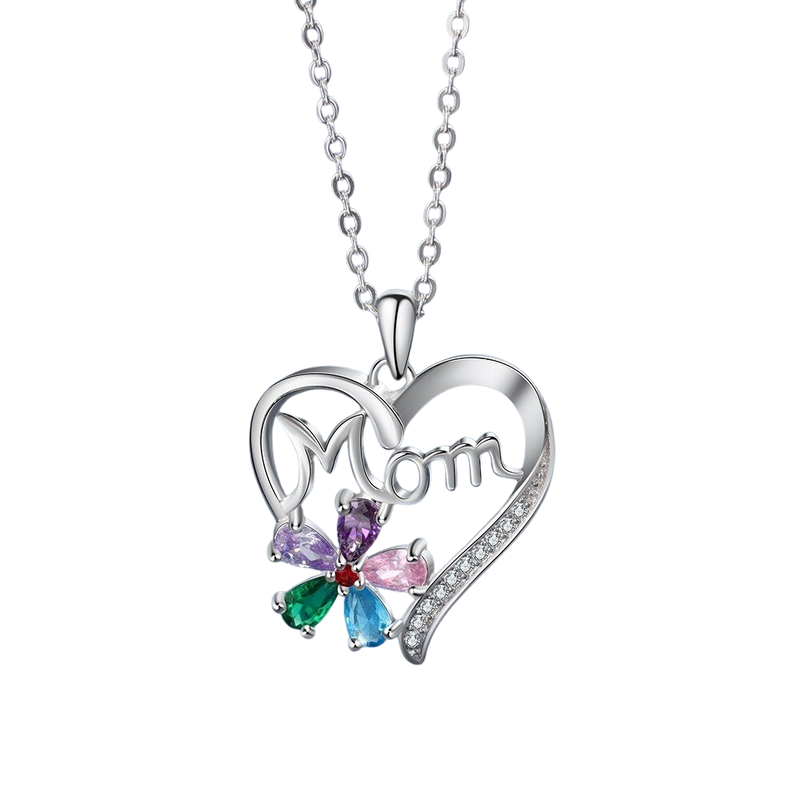 Personalized Mom Heart Pendent Necklace Customize 5 Birthstones Flower Necklaces for Women