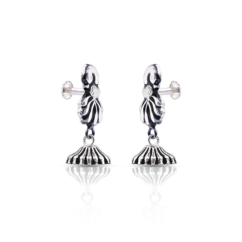 Silver Oxidised Peacock Feather Dome Jhumki