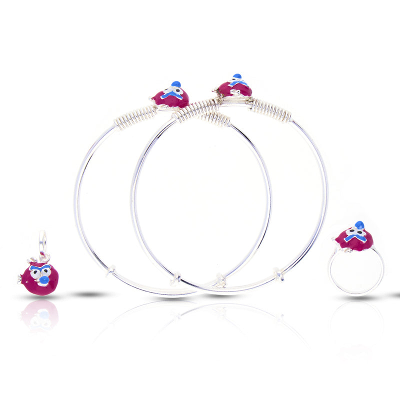 Silver Red Angry Bird Baby Kadli Set with Matching Ring and Pendant