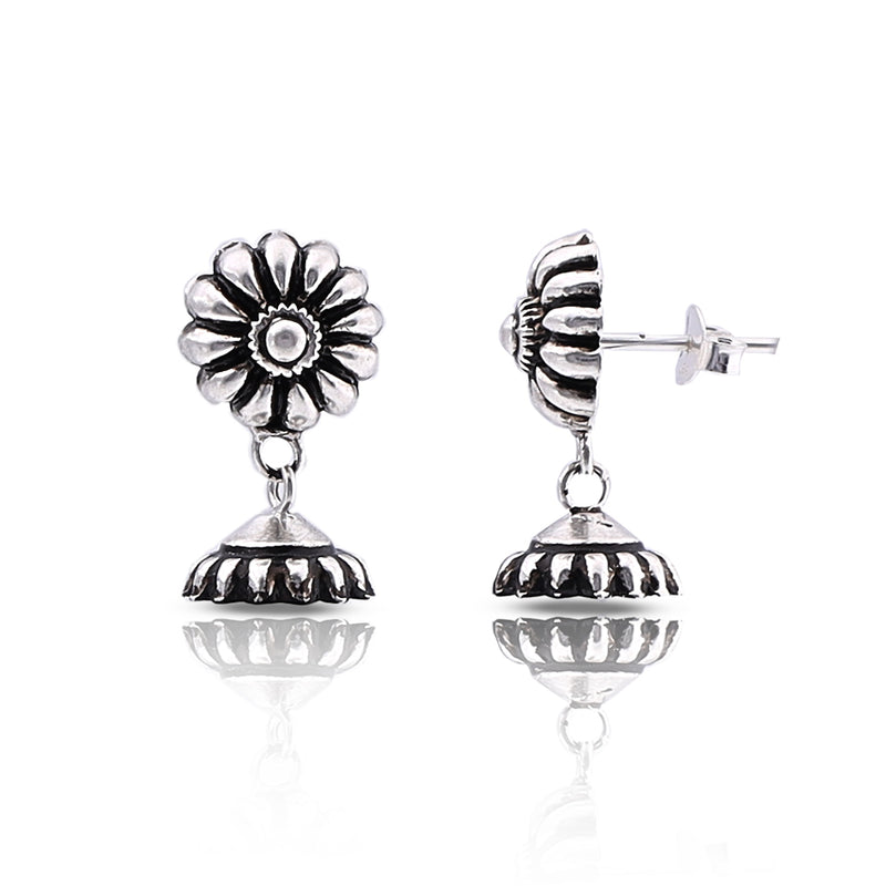 Silver Oxidised Handmade Flower Dome Push Jhumki