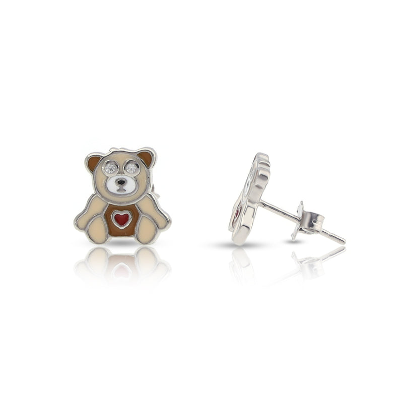 Silver Brown Teddy Bear Stud Earrings For Kids and Girls