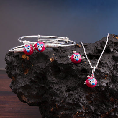 Silver Red Angry Bird Baby Kadli Set with Matching Ring and Pendant