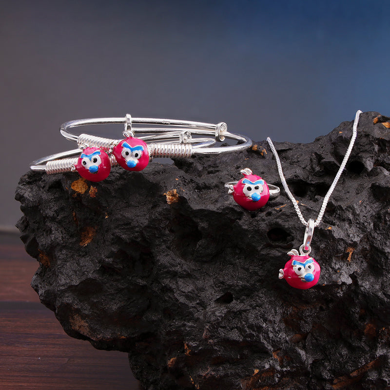 Silver Red Angry Bird Baby Kadli Set with Matching Ring and Pendant