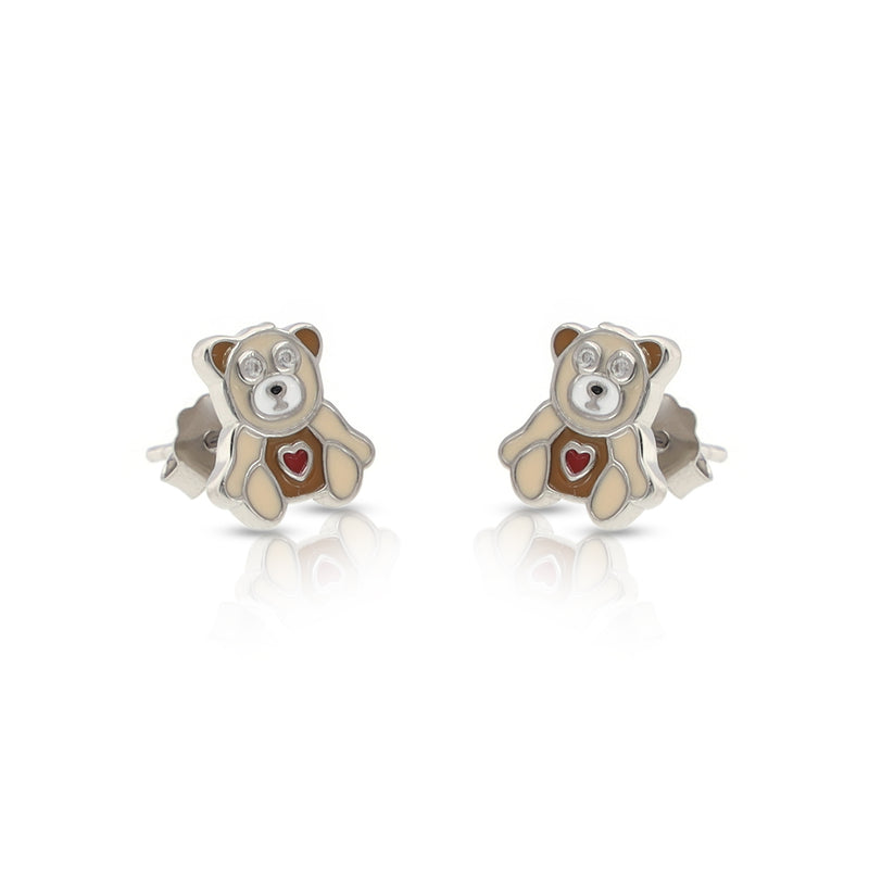 Silver Brown Teddy Bear Stud Earrings For Kids and Girls