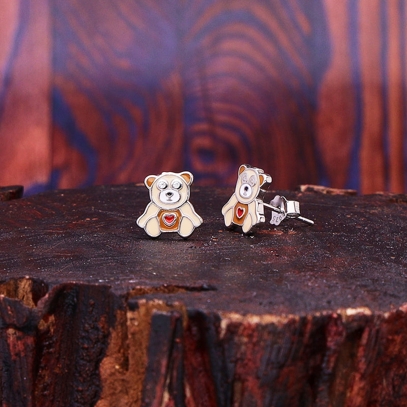 Silver Brown Teddy Bear Stud Earrings For Kids and Girls